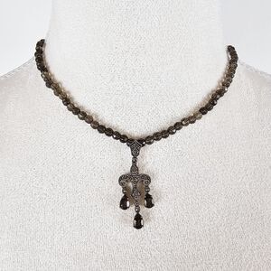 Vintage Judith Jack Fleur-de-lis Marcastie Sterling Silver Smoky Quartz Necklace